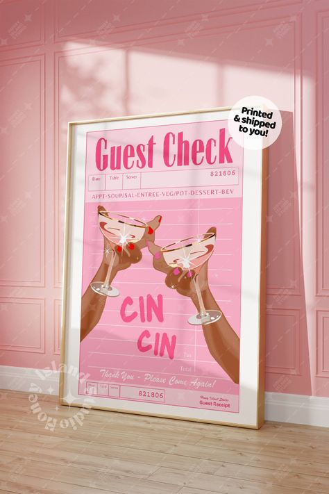 Cheers Print, Bar Cart Poster, Cheers Champagne, Pod Design, Cart Ideas, Pink Bar, Guest Check, Cart Decor, Champagne Bar