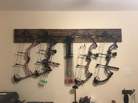 Hanging Bow And Arrow On Wall, Archery Storage Bow Rack, Bow Rack Archery Diy, Compound Bow Rack, Bow Rack, Fish Room, Hunter Room, Descendants Dr, Bow Storage