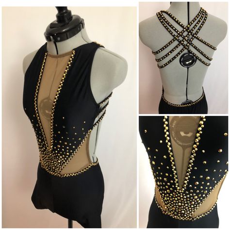 Black And Gold Jazz Costume, Black And Gold Dance Costume, Rhinestoning Ideas, Pole Costume, Black Dance Costumes, Baton Costumes, Solo Costume Ideas, Wwe Ring, Jazz Dance Costume