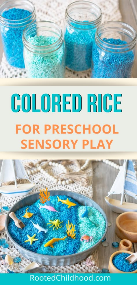 Sea Themed Preschool Activities, Ocean Sensory Play, Sensory Fillers, Summer Studying, Rainbow Fish Activities, Ocean Decorations, Ocean Sensory, Underwater Activities, Sensory Rice