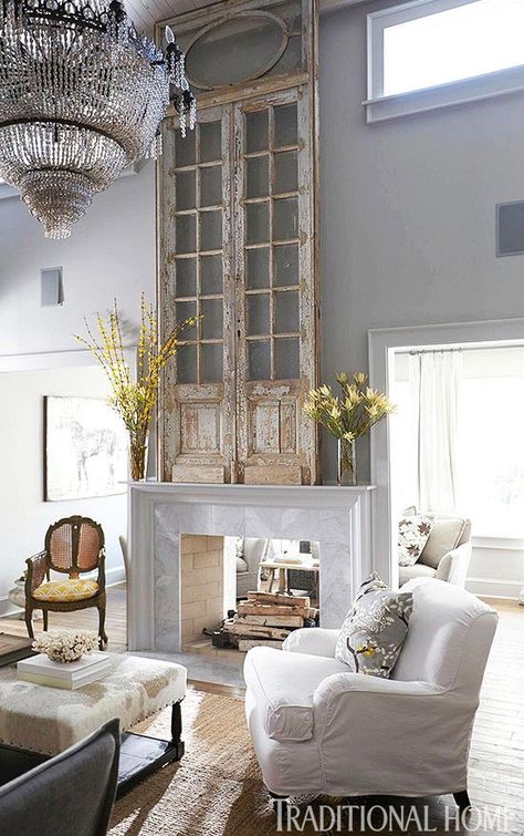 Designing with grays. Beautiful living room, tall ceilings accented with rustic vintage glass doors. Fireplace Unique, Tall Wall Decor, Chic Living Room Decor, Shabby Chic Living, Shabby Chic Living Room, Grey Home Decor, Rustic Doors, Chic Living Room, Antique Decor