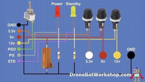 Convert ATX Power Supply to Bench Supply | DroneBot Workshop Wiring A Plug, Electronics Projects For Beginners, Power Supply Design, Basic Electronic Circuits, Computer Projects, Electronic Circuit Design, Power Supply Circuit, Electrical Circuit Diagram, Computer Power Supplies