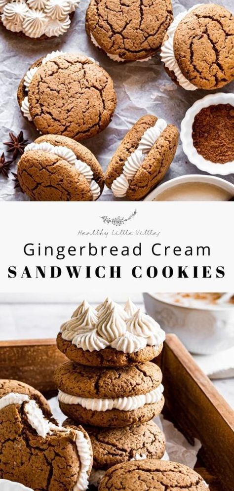 Flavored Buttercream Frosting, Holiday Bites, Whoopi Pies, Gingerbread Sandwich Cookies, Flavored Buttercream, Cream Sandwich Cookies, Vegan Holiday Cookies, Gingerbread Recipes, Soft Gingerbread