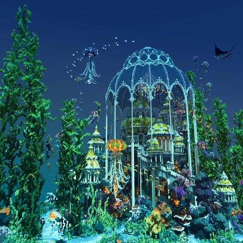 Sky City Minecraft, Minecraft Underwater Decoration, Underwater Castle Minecraft, Minecraft Ocean Base Ideas, Dark Prismarine Builds Minecraft, Minecraft Megabase Inspiration, Minecraft Castle Inspiration, Minecraft Building Ideas Underwater, Minecraft Aquatic Build