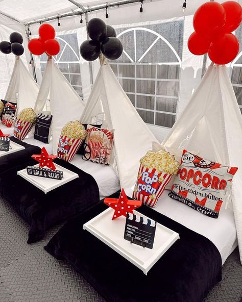 Cinema Birthday Party, Cinema Theme, Sleepover Tents, Movie Night Decorations, Movie Night For Kids, Slumber Party Birthday, Kids Sleepover, Movie Night Birthday Party, Movie Birthday Party