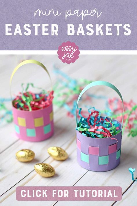 Cute Mini Paper Easter Basket Tutorial - EssyJae.com Easter Basket Craft Ideas, Easter Basket Craft, Easter Basket Template, Easter Crafts Diy Kids, Paper Easter Basket, Simple Easter Baskets, Homemade Easter Baskets, Mini Easter Basket, Easter Baskets To Make