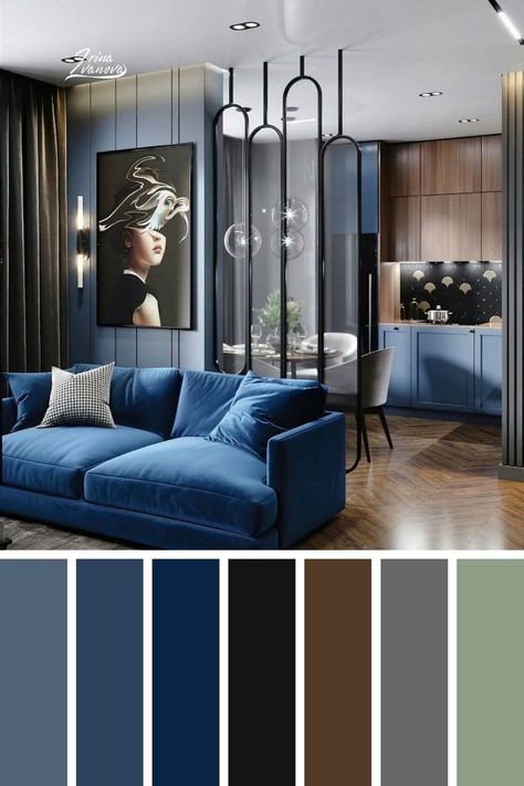 Dark Color Sofa Living Room Ideas, Blue Living Room Color Scheme, Blue Living Room Decor, Living Room Color Schemes, Room Color Schemes, Blue Living Room, Blue Interior, Living Room Grey, Design Living Room