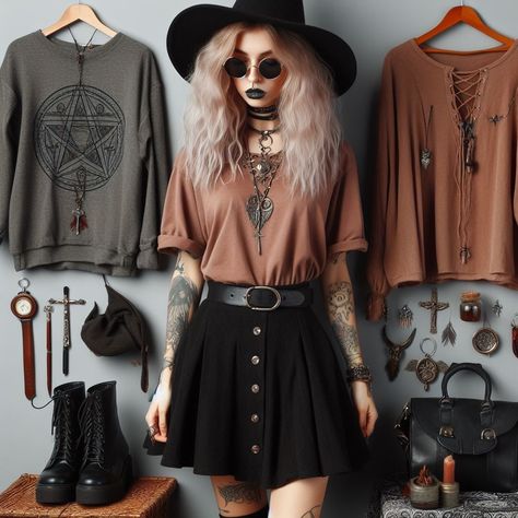 Edgy Hairdresser Outfit, Witchy Outfits Casual Summer, Rock Boho Outfit, Summer Boho Goth Outfits, Witch Fashion Aesthetic Modern, Soft Natural Goth, 90s Witchy Outfits Casual, Grunge Outfit Inspo Summer, Boho Alternative Fashion