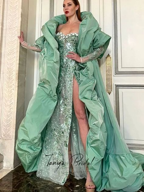 Sage Green Taffeta Coat Evening Cape Puffy Edge Fashion Long Jacket Short Sleeves Bolero For Lady Outfit Shawl Without Dress - AliExpress 320 Gala Evening Dresses, Unique Evening Gowns, Met Gala Fashion, Short Sleeve Bolero, Green Clothes, Edge Fashion, Gala Fashion, Evening Jacket, Midi Dress Style