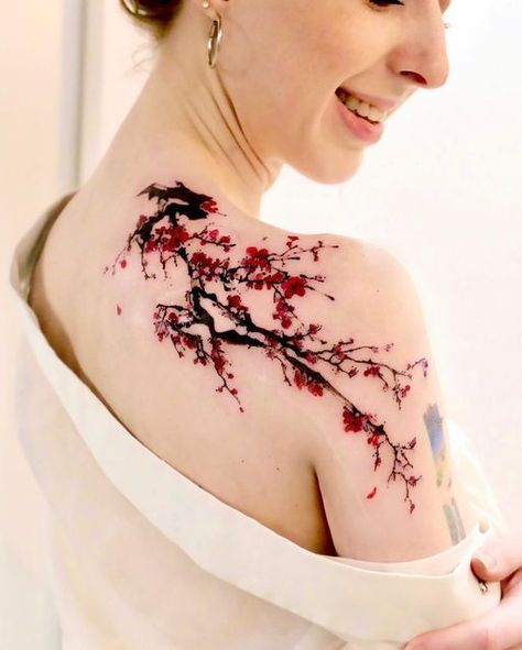 Dragon Cherry Blossom Tattoo, Cherry Blossom Tattoo On Back, Cherry Blossom Tattoo Sleeve, Cherry Tree Tattoo, Cherry Blossom Tattoo Shoulder, Tattoo Cherry Blossom, Cherry Tree Tattoos, Cherry Blossom Tree Tattoo, Warrior Tattoo Sleeve