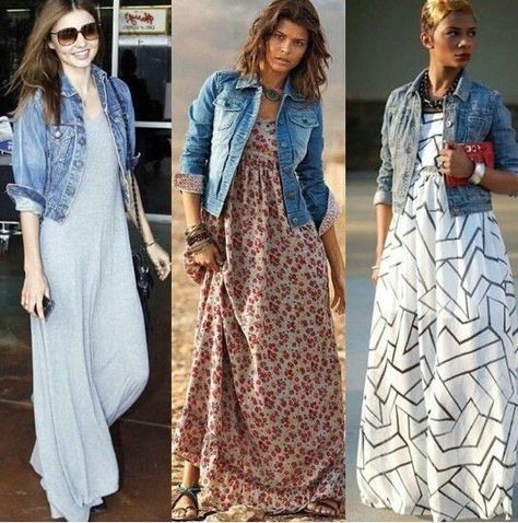 Maxi Outfits, Maxi Dress Outfit, Denim Jacket With Dress, Trendy Dress Outfits, Style Maxi Dress, Denim Jackets, Primavera Estate, Fashion Sense, Look Fashion