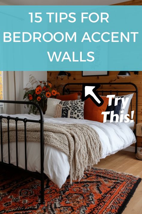 Design the perfect bedroom accent wall with these tips and design ideas. Midcentury Modern Bedroom Accent Wall, Pictures In Master Bed, Ideas For Headboards The Wall, Small Bedroom Feature Wall, Feature Wall Ideas Bedroom, Boho Bedroom Accent Wall, Accent Walls In Bedroom, Accent Wall Behind Bed, Modern Board And Batten