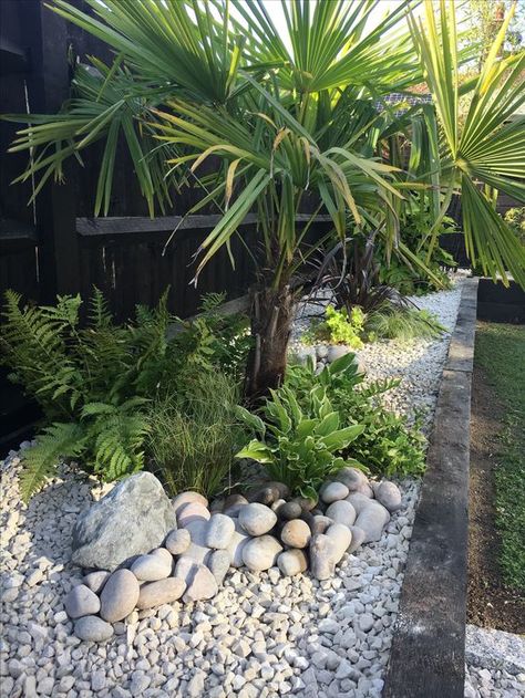 Tropical Gravel Garden, Tropical Landscaping Ideas For Front Of House, Small Beach Garden Ideas, Tropical Garden Uk Ideas, Tropical Garden Wall, Contemporary Tropical Garden, Small Tropical Garden Uk, Garden Tropical Ideas, Bali Style Garden Landscape Design