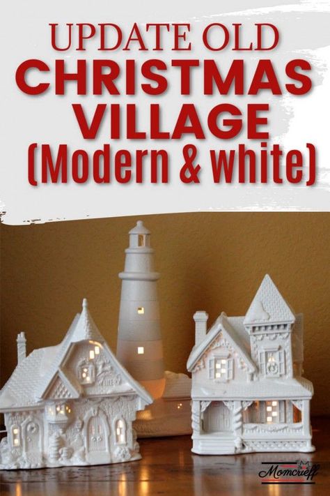 White Christmas Village Diy, White Christmas Houses Village, Neutral Christmas Village, White Christmas Village Houses, Repainting Christmas Village Houses, Diy White Christmas Village, Diy Painted Christmas Village Houses, Painted Christmas Village Houses, Painted Christmas Houses