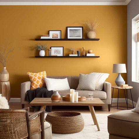 Yellow is the chameleon of design, effortlessly adapting to a myriad of styles. Adding a touch of warmth & vitality. Yellow tones infuse the space with a unique brand of vibrancy, proving that its versatility knows no bounds. #experiencebellepatri #interiordesign #shadesofyellow Yellow Wall In Living Room, Half Yellow Wall, Yellow Feature Wall Living Room, Apartment Painting Ideas Living Room, Ochre Walls Living Rooms, Yellow Interior Design Living Room, Yellow Accent Wall Living Room, Yellow Wall Living Room Ideas, Yellow Wall Painting Ideas