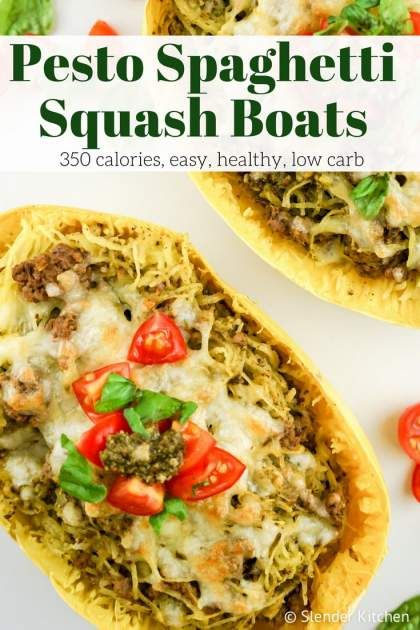 Pesto Spaghetti Squash with Turkey Sausage is a low carb dish that's filling and packed with flavor from a homemade basil pesto and lean turkey sausage. Topped with melted cheese, this dish is one you will make again and again. | Slender Kitchen | Weight Watchers | Turkey | Sausage | Low Carb | Gluten Free | Dinner | #glutenfree #lowcarb #slenderkitchen #dinner  #healthyrecipes #weightwatchers Ground Turkey Pesto, Spaghetti Squash With Turkey, Pesto Spaghetti Squash, Turkey Pesto, Spaghetti Squash Boat, Pesto Spaghetti, Pizza Sugar Cookie, Healthy Pesto, Slender Kitchen