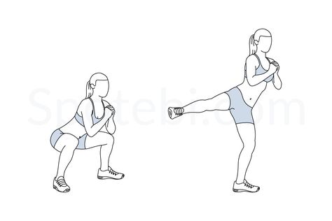 Squat side kick exercise guide with instructions, demonstration, calories burned and muscles worked. Learn proper form, discover all health benefits and choose a workout. Hip Flexor Exercises, Push Workout, Back Fat Workout, Side Kick, Calories Burned, Kettlebell Training, Squat Workout, Kettlebell Swings, Biceps And Triceps