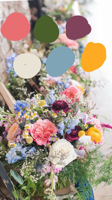 Light Jewel Tone Wedding, Wild Flower Wedding Colors, Spring Colour Wedding, Summer Wildflower Wedding Color Scheme, Floral Wedding Colors, Colorful Flower Arrangements Wedding, Summer 2023 Wedding Colors, Whimsical Wedding Colors, Multicolor Wedding Flowers