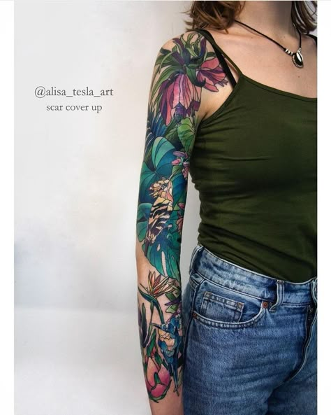 Color Sleeve Tattoo Women, Exotic Flower Tattoos, Sleeve Tattoo Women, Colorful Sleeve Tattoos, Infinity Tattoo With Feather, Shoulder Sleeve Tattoos, Vine Tattoos, Floral Tattoo Sleeve, Flower Sleeve