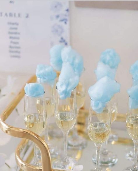 Blue Cotton Candy Champagne, Blue Cotton Candy Drink, Something Blue Party Theme, Cinderella Themed Bachelorette Party, Cinderella Engagement Party, Cloud 9 Bridal Shower Theme Food, Cinderella Themed Bridal Shower Ideas, Light Blue Party Theme, Light Blue Engagement Party