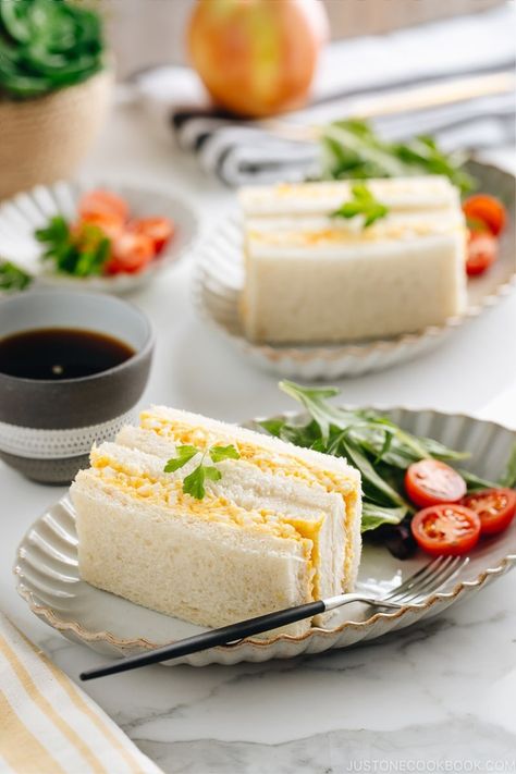 Make this popular Japanese Egg Salad Sandwich - Tamago Sando at home! The filling is creamy and bursting with a rich egg yolk flavor and the bread is soft and pillowy. It's much better than the 7-Eleven version. #eggsaladsandwich #sandwichrecipes #japaneseeggsanwich | Easy Japanese Recipes at JustOneCookbook.com Japanese Egg Salad Sandwich Recipe, Japanese Egg Sandwich, Yakimeshi Recipe, Tamago Sando, Japanese Sandwich, Egg Salad Sandwich Recipe, Japanese Egg, Just One Cookbook, Easy Japanese Recipes