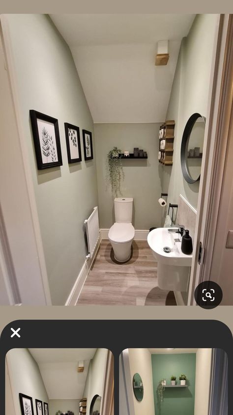 Green And White Toilet Room, Rental Toilet Makeover, Small Downstairs Loo Ideas, Under Stairs Cloakroom Ideas, Downstairs Toilet Under Stairs, Small Half Bathroom Ideas Under Stairs, Beige Downstairs Toilet, Under The Stairs Powder Room Ideas, Council Bathroom Ideas