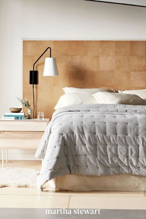 These tactile squares—available in smooth, suede, faux croc, and more—are surprisingly versatile. The rich, buttery one-eighth-inch-thick sealed cowhide tiles we mounted in this bedroom. Follow our tutorial for this DIY leather headboard. #marthastewart #bedroomdecorideas #bedroomdecor #inspiration #details #hometours Diy Leather Headboard, Wallpaper Headboard, Headboard Panels, Faux Headboard, Diy Bed Headboard, Leather Bedroom, Leather Headboard, Diy Headboards, Diy Headboard