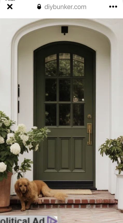 White Brick With Green Siding, Unique Exterior Door Colors, Black House With Green Door, White Brick Green Door, Olive Green Garage Door, White House Green Door Exterior, Cottage Exterior Paint Colors Bungalows, Grey Siding Green Door, Dark Olive Green Front Door