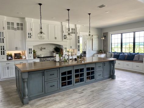 Butcher Top Island, Butcher Block Island Gray Cabinets, Blue Island With Butcher Block Top, Stained Islands In Kitchen, Painted Island With Butcher Block Top, Large Butcher Block Island, Island With Different Countertop, Slate Tile Cabinets Sherwin Williams, Large Kitchen Island With Seating And Storage