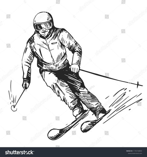 Sketch of skier in the mountains. Hand drawn illustration converted to vector #Ad , #sponsored, #mountains#Hand#Sketch#skier Skier Drawing, Skier Illustration, Ski Drawing, Awesome Sketches, Helmet Drawing, Sports Drawings, Sketch Ideas, Hand Drawn Illustration, Hand Sketch