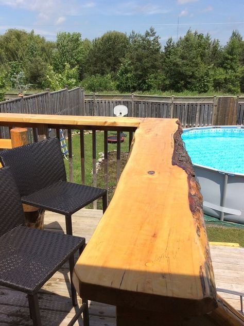 Railing Bar, Railing Table, Cabin Backyard, Deck Railing Diy, Bar Railing, Live Edge Bar Top, Cabin Porches, Outdoor Sofa Diy, Live Edge Bar