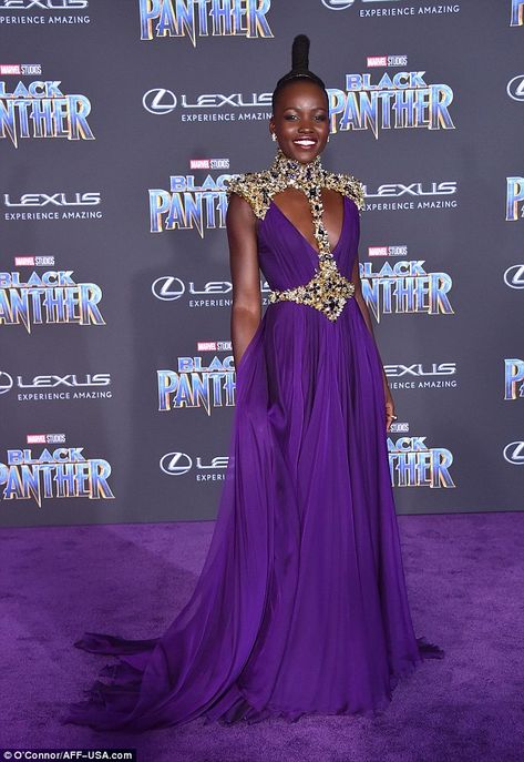 Lupita Nyong'o dons purple dress at Black Partnerpremiere | Daily Mail Online Versace Gown, Lupita Nyong, Purple Carpet, Ellie Saab, Lupita Nyong'o, Geek Fashion, Atelier Versace, All Things Purple, Luxury Dress