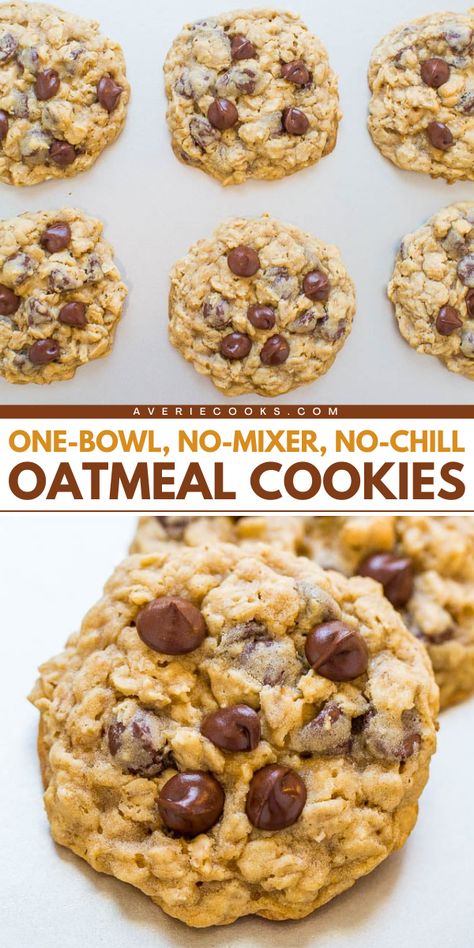 You're going to love this delicious dessert recipe for oatmeal chocolate chip cookies! Not only are these favorite cookies thick with chewy edges and soft centers, but they are also a simple baking idea. Try these One-Bowl, No-Mixer, No-Chill Oatmeal Cookies today! Easy Oatmeal Chocolate Chip Cookies, Easy Oatmeal Cookies, Oatmeal Chocolate Chip Cookie Recipe, Oatmeal Cookies Easy, Quick Cookies, Averie Cooks, Homemade Oatmeal, Easy Oatmeal, Oatmeal Cookie Recipes