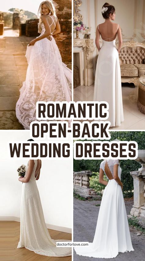 Backless bridal gown ideas for your special day. Romantic, whimsical wedding dresses with open-back design. Wedding day / Wedding gown / Bridal look / Open back dress / Backless wedding dress Wedding Dresses Back Jewelry, Sleeveless Backless Wedding Dress, Backless Gown Designs, Bridal Gown Ideas, Whimsical Wedding Dresses, Romantic Whimsical Wedding, Backless Wedding Dresses, Twilight Wedding, Plain Wedding Dress