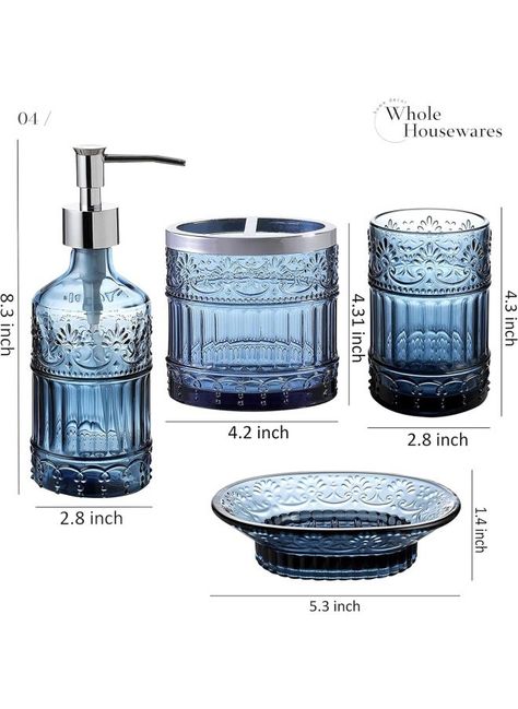 Embossed Blue Heavy Glass Bathroom Accessory Sets Including Soap Dispenser,Toothbrush holder, Tumbler and Soap Dish Holder.Eye-catching and Practical Design Transform Your Ordinary Bathroom into a Modern and Stylish One. Elegant gift to your friend. Glass is healthy and long-lasting for home and business use.