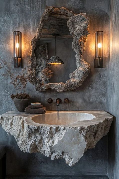 Bathroom Unique Ideas, Cave Shower Ideas, Highlight Wall Design, Wabi Sabi Fireplace, Materials And Textures Design, Plaster Techniques, Bathroom Rock, Stone Sink Bathroom, Stone House Design