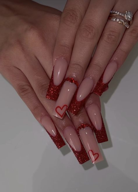 Prom Nails Heart, Red Acrylic Nails With Diamonds, Birthday Nails With Hearts, Red Nail Set With Gems, Sparkle Valentines Day Nails, Maroon Valentines Nails, Red Valentines Day Nails Square, Red Vday Nails Valentines Day, Nails Inspo Valentines Day