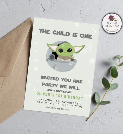 Grogu Star Wars Theme Birthday, Star Wars Themed Birthday Party, Star Wars Birthday Cake, Boys First Birthday Party Ideas, Boys 1st Birthday Party Ideas, One Year Birthday, Star Wars Birthday Party, 2nd Birthday Invitations, Birthday Star