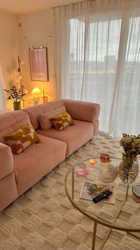 Apartment Pink Living Room, Cute Round Coffee Table, Rugs In Living Room Apartment, Pink Velvet Couch Aesthetic, Bookshelf Pink Aesthetic, Rugs For Apartment, Pink Cosy Living Room, Cute Apartment Living Room Decor, Coffee Table Cozy