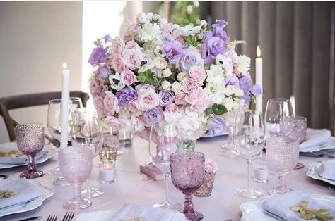 Pink Purple White Wedding Decor, Purple And Pink Centerpieces, Lilac And Pink Wedding, Lilac Centerpieces, Rapunzel Wedding Theme, Pink Wedding Sign, Purple Centerpiece, Pink And Purple Wedding, Pink Table Settings