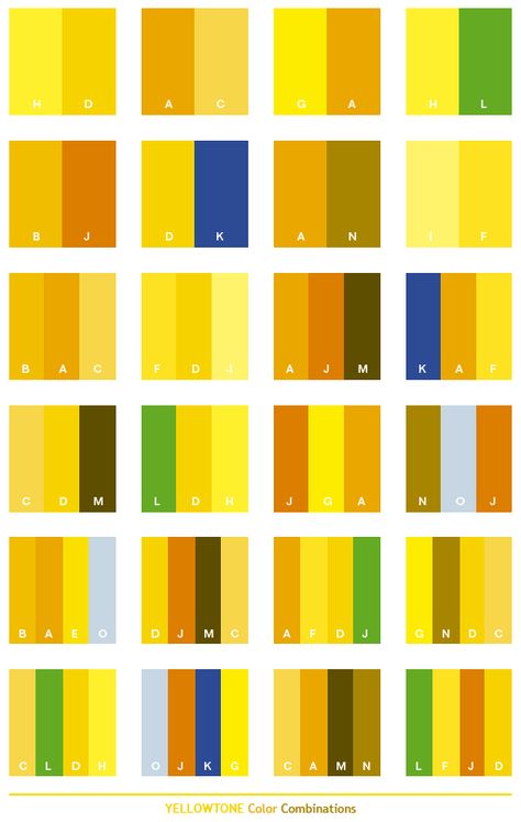 Yellow tone color schemes, color combinations, color palettes for print (CMYK) and Web (RGB + HTML) Complimentary Colors For Yellow, Tone Description, Yellow Inspiration, Yellow Combination, Yellow Color Combinations, Color Schemes Design, Color Mixing Chart, Cool Color Palette, Yellow Colour Scheme