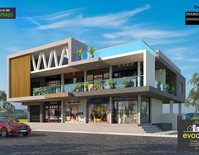 G+1 Commercial Building Elevation, Shopping Plaza Design, 2 Storey Commercial Building Exterior, Commercial Shop Elevation Design, Commercial Building Exterior, Club Architecture, Commercial And Residential Building, Shopping Center Architecture, Mall Ideas