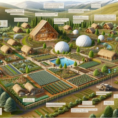 Land Layout, Eco Community, Farming Community, Eco Neighborhood, Solar Field Design, Solar Punk Architecture, Eco Futurism, Community Garden Design Architecture, Eco Architecture Concept