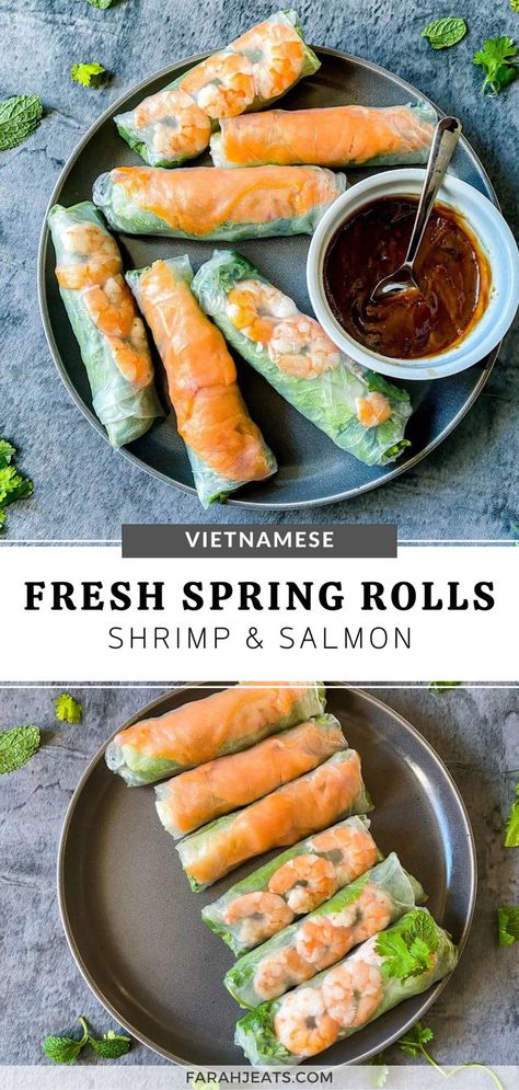 2 photos of shrimp & salmon fresh spring rolls served on a grey plate, with a serving of peanut dipping sauce in a white bowl. Spring Roll Ideas, Spring Rolls Sauce, Spring Rolls Shrimp, Spring Roll Filling Ideas, Spring Roll Dipping Sauce, Vietnamese Fresh Spring Rolls, Vietnamese Spring Rolls Recipe, Vietnamese Rolls, Spring Roll Filling