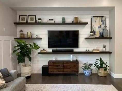 DIY Family Room - Imgur Shelves Near Tv, 3 Floating Shelves, Shelves Around Tv, Floating Shelves Living Room, Family Room Walls, Shiplap Wall, Tv Mount, Tv Wall Decor, Living Room Entertainment