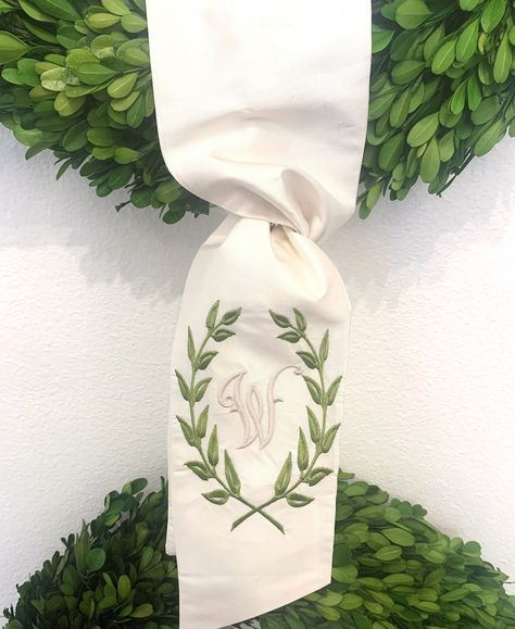 Door Sash Ideas, Embroidered Home Decor, Wreath Sash Front Door, Door Wreath Sash, Wreath With Sash, Monogrammed Wreath Sash, Monogram Wreath Sash, Wreath With Monogram Sash, Monogrammed Wreath Sashes