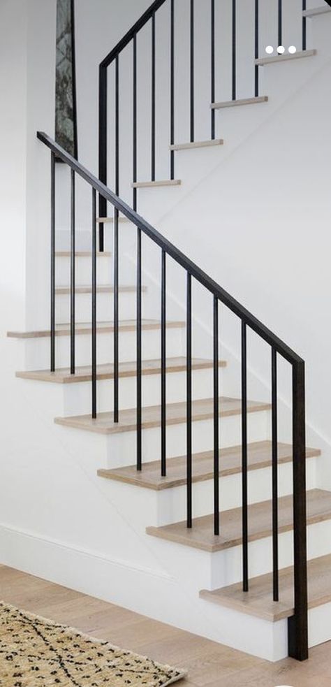 Black Metal Stair Railing, Black Decor Accents, Beach House Stairs, Internal Stairs, Black Stair Railing, Stair Railing Makeover, Modernize Your Home, Metal Stair Railing, Stairs Renovation