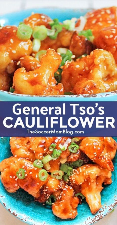 This General Tso's Cauliflower is a delicious healthy twist on a Chinese take-out favorite! Crispy, tangy, sweet, and tender! It's seriously amazing! General Tso Sauce Recipe, General Tso Cauliflower, General Tso's Cauliflower, General Tso Sauce, Spicy Vegetarian Recipes, Bites Recipes, Savory Bites, Cauliflower Dishes, Sweet And Spicy Sauce