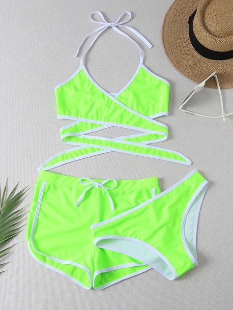 3pack Neon Lime Contrast Binding Halter Bikini Swimsuit Neon Bathing Suits, Neon Bra, Neon Swimsuit, Neon Details, Neon Bikinis, Swimsuit With Shorts, Beach Swimwear, Shein Outfits, Beachwear For Women