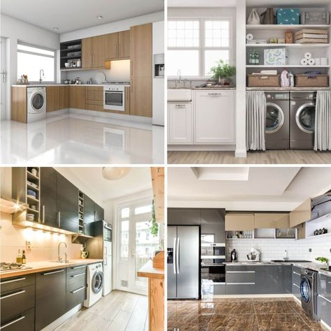 different kitchen designs with laundry machines Laundry Inside Kitchen, Washer Dryer Cabinet In Kitchen, Washer Dryer Kitchen Hide, Kitchen And Laundry Room Combo Layout, Kitchen Design With Washer And Dryer, Kitchens With Laundry Area, Laundry In Small Kitchen, Washer In Kitchen Ideas, Wash And Dryer In Kitchen